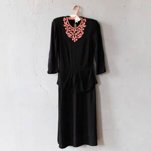 Vintage 1940s Art Deco black rayon crepe dress w/ pink sequin beaded embellishment