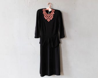 Vintage 1940s Art Deco black rayon crepe dress w/ pink sequin beaded embellishment