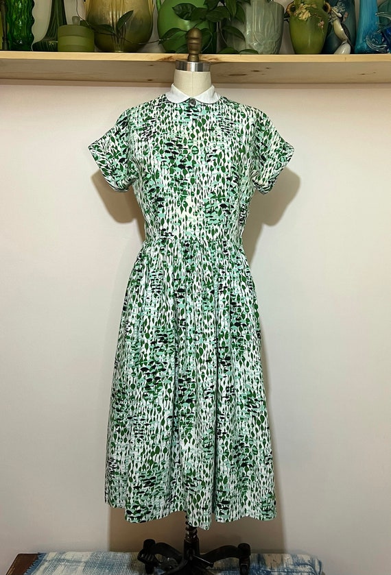 Vintage 50s Betty Barclay Frocks barkcloth green … - image 1