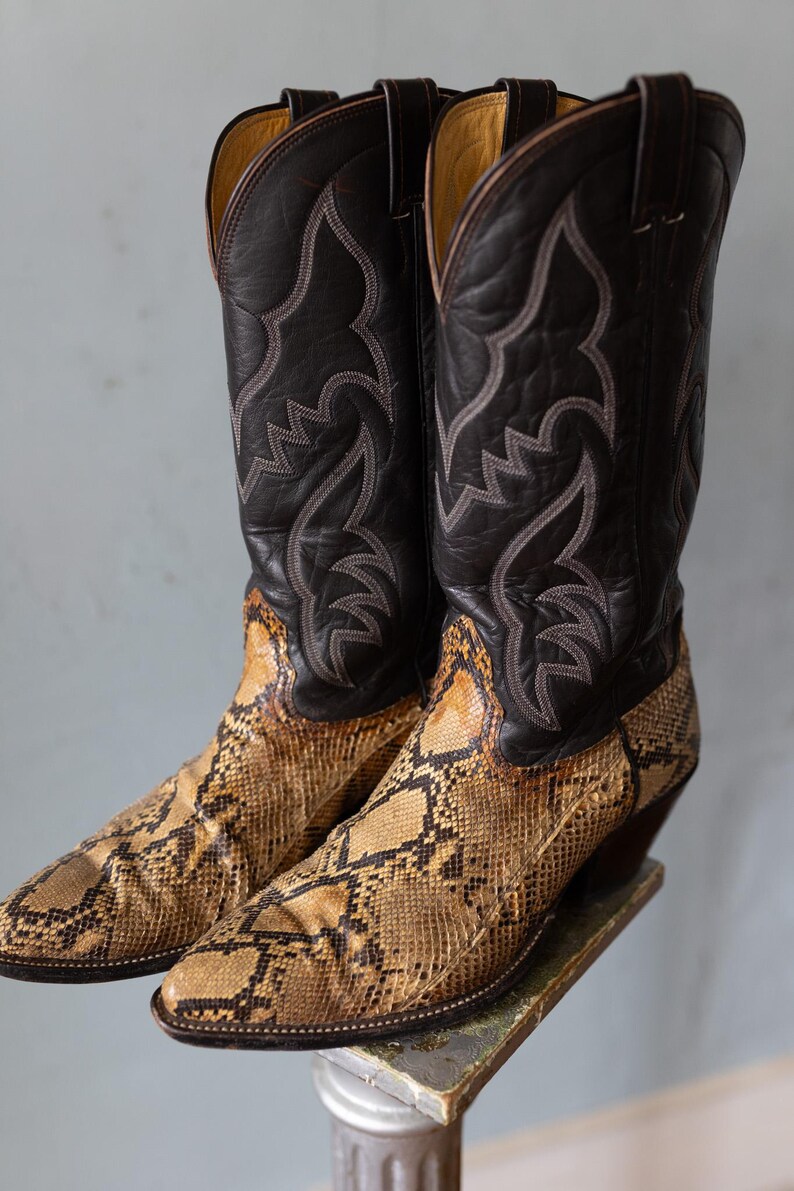 Botas vaqueras Nocona vintage de los 70, estilo G111, de piel marrón chocolate y pitón, talla 11