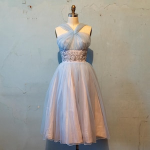 Vintage 1950s blue tulle & iridescent satin evening dress w/ sequin beaded embellishment