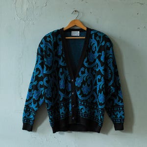 Vintage 80s Black & Blue Floral Motif Pendelton Wool Sweater Cardigan
