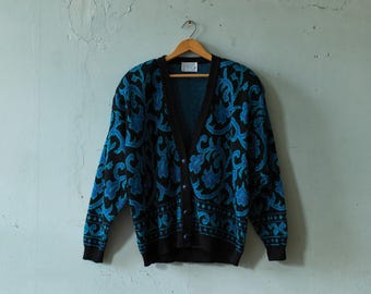 Vintage jaren 80 zwart en blauw wollen pendelton-truivest met bloemenmotief