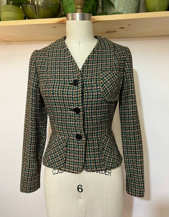 Vintage 1940s Green Wool Herringbone Peplum Jacket