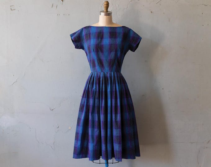 Large 1950s Blue and Purple Swirl Patterned Acetate Dress