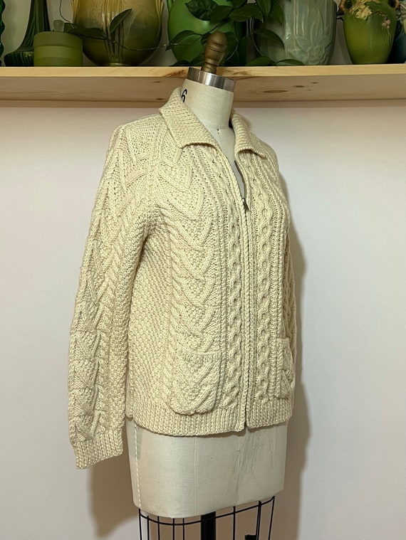 vintage 50s/60s ivory wool Hand knit cable zip fr… - image 5