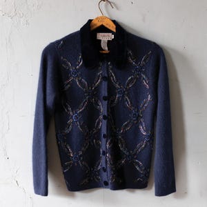 stunning vintage 90s Navy Angora Wool knit cardigan w/ heavily beaded iridescent embellishment / velvet trims
