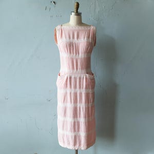 stunning vintage 50s Pink Linen Swiss Dot Wiggle dress w/ lace trims