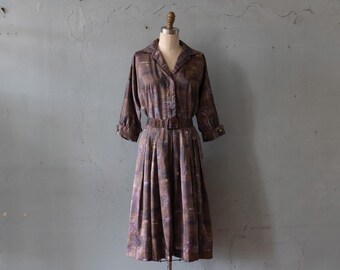 vintage 1950s abstract watercolor print dress w/ button details & pleated skirt