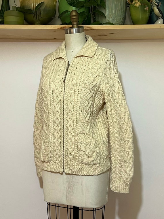 vintage 50s/60s ivory wool Hand knit cable zip fr… - image 3