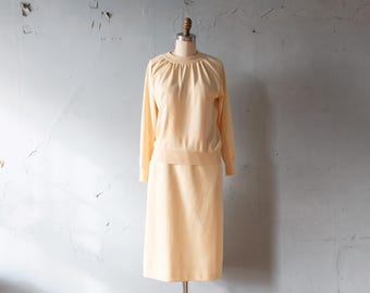 vintage 70s Butter Yellow Givenchy Sport Lace Knit Blouse & Matching Skirt Set