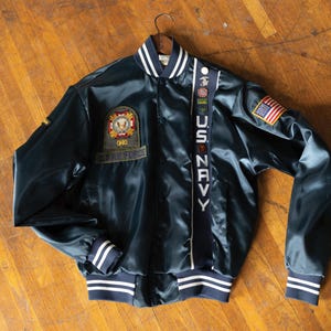 vintage 70s/80s Vietnam War Veterans Satin Souvenir Bomber Jacket covered in Patches & Pins