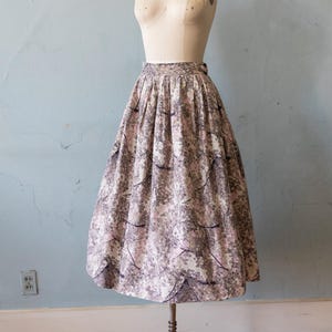 Vintage 50s pink & grey nature scene floral printed cotton circle skirt
