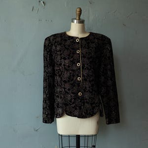 R and K Evening vintage Black Velvet Sparkle Floral jacket w/ gold studded buttons