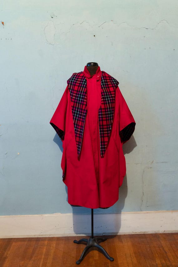 Vintage 70s/80s Pop Red & Plaid Check Reversible Hooded Wool