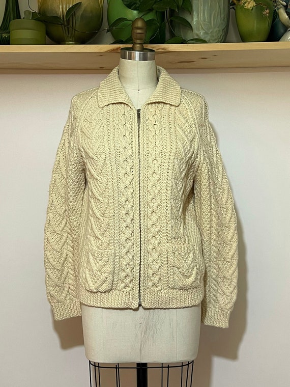 vintage 50s/60s ivory wool Hand knit cable zip fr… - image 1