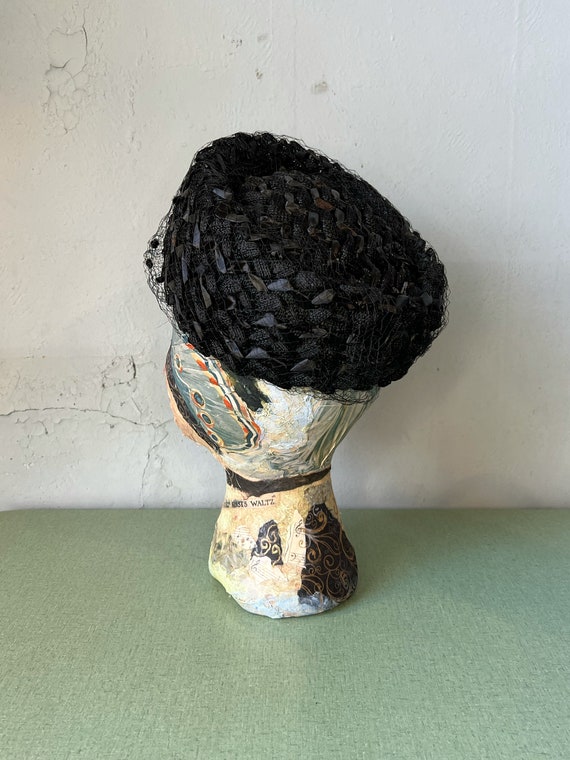 50s/60s Black Woven Raffia & Ribbon Pill Box Hat … - image 4