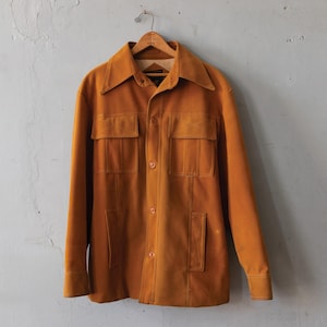 vintage 70s Camel Brown faux Suede Leather snap front Point Collar jacket - Made in Japan - Caribu by Briarcliff