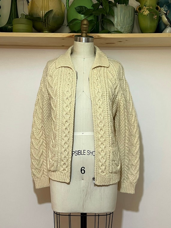 vintage 50s/60s ivory wool Hand knit cable zip fr… - image 2