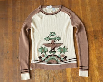 70s vintage eagle aztec motif brown & green rib knit long sleeve sweater