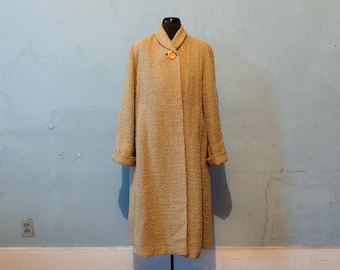 vintage 40s/50s camel & yellow nobby boucle tweed wool overcoat - swing coat evening jacket