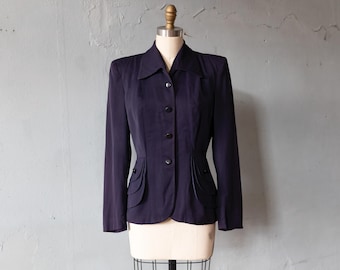 Stunning vintage 40s Navy Gabardine Van Houten Art Deco Tailored blazer / jacket w/ point collar & peplum