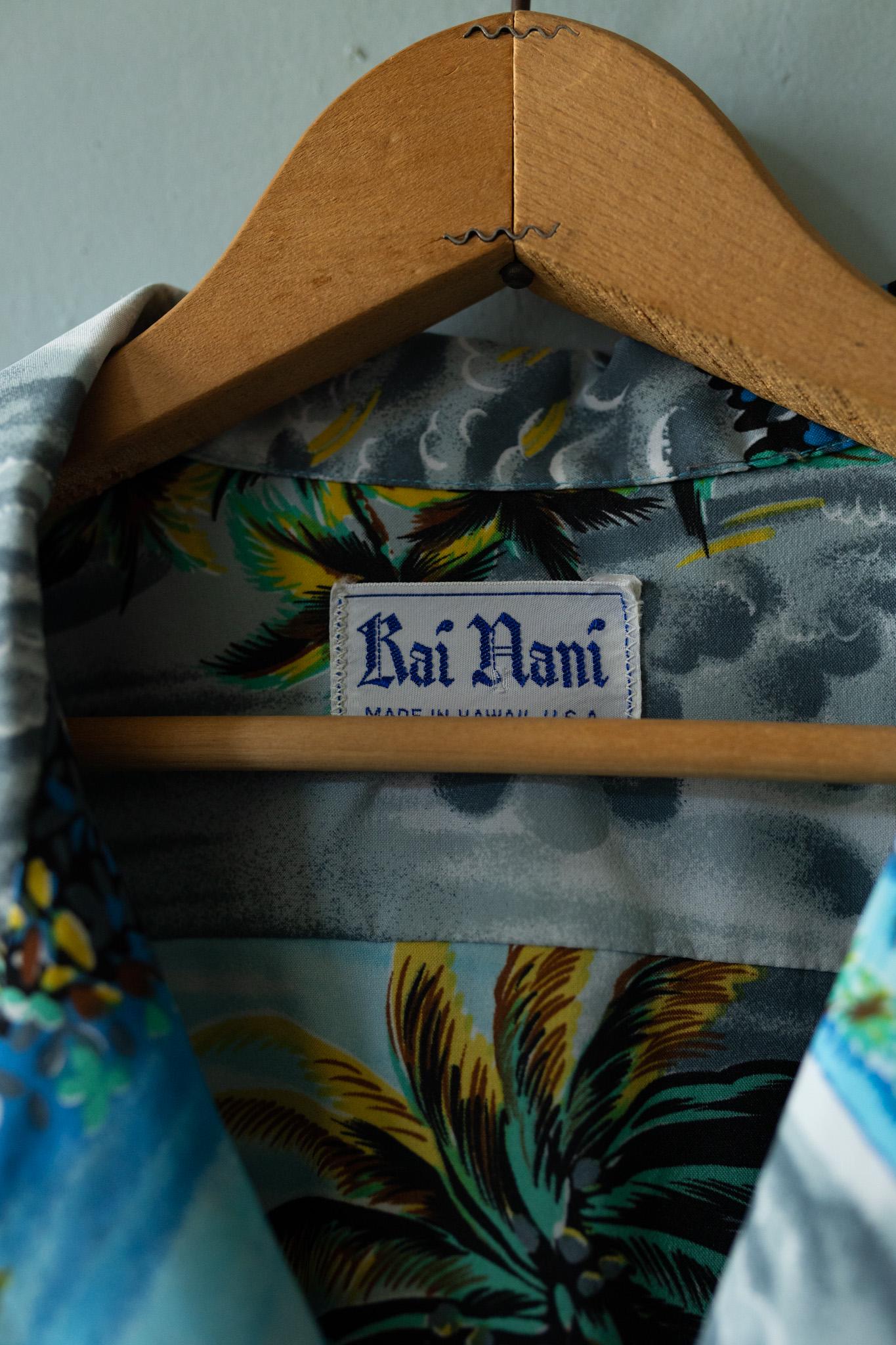 Vintage 1950s 60s Blue Palm Beach Print Button Front Hawaiian