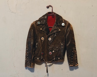 1950s vintage Childs Leather Studded Biker Jacket - heavily studded with chrome / reflector metal studs
