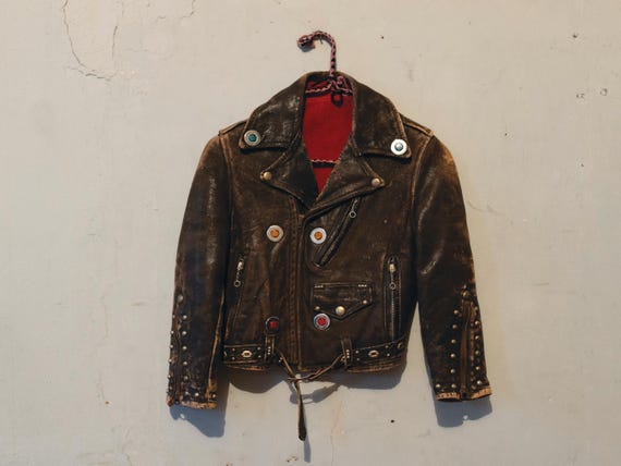 1950s Vintage Childs Leather Studded Biker Jacket - Heavily