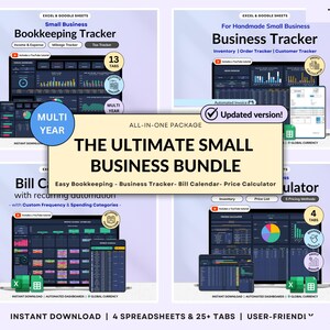 May include: A digital bundle of Excel and Google Sheets templates for small businesses, featuring a Bookkeeping Tracker, Business Tracker, Bill Calendar, and Price Calculator. The display includes dark-themed dashboards, charts, and icons.