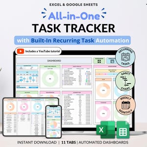 Peut inclure: Un modèle de suivi des tâches tout-en-un pour Excel et Google Sheets avec un tableau de bord, des graphiques, une automatisation des tâches récurrentes, un diagramme de Gantt et des vues hebdomadaires ou mensuelles sur interface numérique.