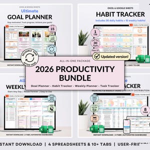 Può includere: Un pacchetto di produttività 2026 per Excel e Google Sheets che include quattro modelli digitali: pianificatore di obiettivi, tracker delle abitudini, pianificatore settimanale e tracker delle attività con interfacce colorate.