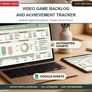 Video Game Backlog and Achievement Tracker | Google Sheets and Excel Steam PS5 Xbox Completion, Playtime Log