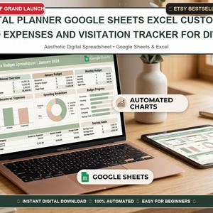 May include: A digital budget planner spreadsheet displayed on a laptop and tablet screen. The interface features tables, bar charts, and a pie chart with text including "Ultimate Budget Spreadsheet," "Automated Charts," and "Google Sheets."