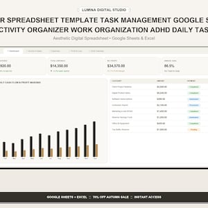 Könnte beinhalten: Eine digitale Tabellenkalkulationsvorlage für Google Sheets und Excel von Lumina Digital Studio. Die Benutzeroberfläche zeigt Finanzkennzahlen wie Gesamteinnahmen, Ausgaben, Nettogewinn, Jahresziele, monatliche Cashflow-Diagramme und eine kategorisierte Transaktionsliste mit Zahlungsstatusanzeigen.