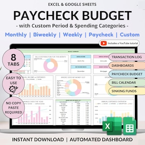 Può includere: Un modello digitale di budget per lo stipendio per Excel e Google Sheets visualizzato su uno schermo di un portatile. L'interfaccia presenta grafici, diagrammi e tabelle colorate per monitorare entrate, uscite, bollette e risparmi.