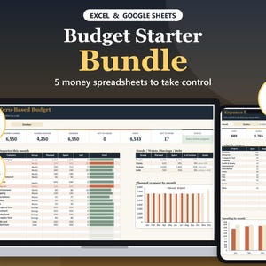 Op de afbeelding: Een digitaal budget-starterspakket voor Excel en Google Sheets met vijf financiële spreadsheets. Het scherm toont een zero-based budget en onkostenoverzicht met tabellen, staafdiagrammen en financiële gegevens. De tekst bevat "Budget Starter Bundle" en "5 money spreadsheets to take control."