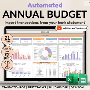 Può includere: Un foglio di calcolo digitale per il budget annuale visualizzato su uno schermo di un portatile, con una dashboard che include grafici finanziari, un diagramma a torta e tabelle dati. L'interfaccia offre 21 schede e un tutorial YouTube.