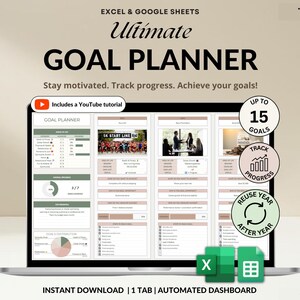 May include: A digital goal planner template for Excel and Google Sheets displayed on a laptop screen. The interface features sections for tracking up to 15 goals, progress charts, and task lists in a neutral color palette with sage green accents.