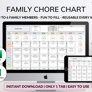 May include: A digital family chore chart template displayed on a desktop computer and a tablet screen. The chart includes columns for days of the week, rows for family members, progress pie charts, and checkboxes for tracking weekly household tasks.