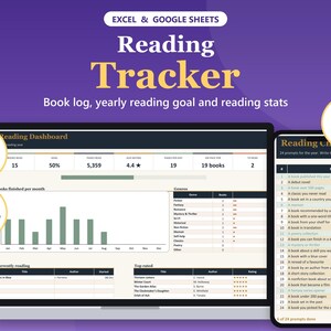 May include: A digital reading tracker for Excel and Google Sheets displayed on a laptop and smartphone. The interface features a reading dashboard with statistics, a bar chart of books finished per month, and a list of 24 reading prompts.