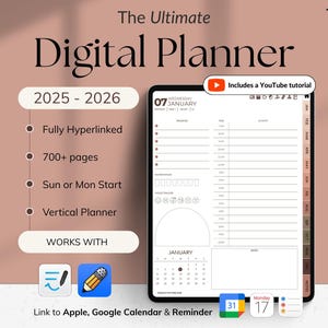Op de afbeelding: Een digitale planner voor 2025-2026 weergegeven op een tabletscherm. De interface toont een dagschema voor 7 januari, een maandkalender, gewoonte-trackers en een notitiesectie. De tekst bevat The Ultimate Digital Planner en Includes a YouTube tutorial.