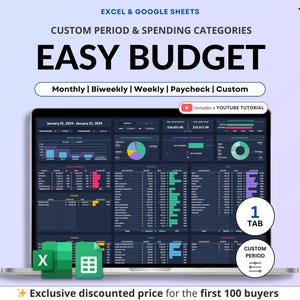 Puede incluir: Una plantilla de presupuesto digital para Excel y Google Sheets titulada EASY BUDGET. La interfaz muestra datos financieros, gráficos y tablas en la pantalla de una computadora portátil. Incluye opciones para periodos mensuales, semanales y un tutorial.