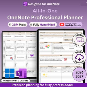 May include: A digital OneNote professional planner displayed on two screens, featuring 215+ pages, full hyperlinks, and a YouTube tutorial. The interface includes detailed meeting agendas, schedules, and action items for 2026 and 2027, optimised for Windows, tablets, and desktops.
