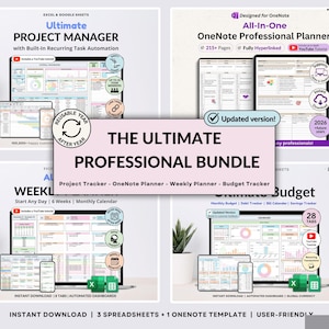 May include: A digital product bundle featuring the Ultimate Project Manager, OneNote Professional Planner, Weekly Planner, and Ultimate Budget tracker. The display includes screenshots of spreadsheets and digital planners with text labels, icons, and a central banner reading THE ULTIMATE PROFESSIONAL BUNDLE.