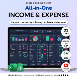 May include: A digital dashboard for Excel and Google Sheets titled All-in-One Income & Expense. The screen displays financial data, charts, and tables for February 2024. Circular badges highlight 21 tabs, easy to use, CSV, and YouTube tutorial features.