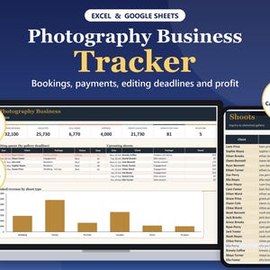 May include: A digital Photography Business Tracker for Excel and Google Sheets displayed on a laptop and smartphone screen. The interface features tables for bookings, payments, editing deadlines, and profit, alongside a bar chart for revenue.