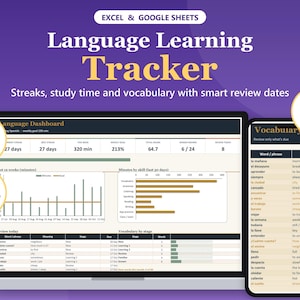 Puede incluir: Un rastreador digital de aprendizaje de idiomas para Excel y Google Sheets que se muestra en la pantalla de una computadora portátil y un teléfono inteligente. La interfaz incluye un panel con gráficos y listas.