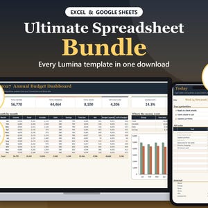May include: A digital spreadsheet bundle for Excel and Google Sheets featuring 90 templates. The display shows a 2027 annual budget dashboard on a laptop screen and a daily task list on a smartphone screen, with text indicating instant download.
