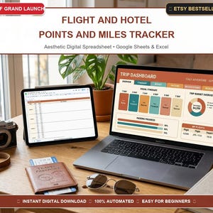 May include: A digital flight and hotel points and miles tracker spreadsheet displayed on a laptop and tablet. The screen shows a trip dashboard with an itinerary, budget overview, and packing progress. The setup includes a camera, passport, and sunglasses.